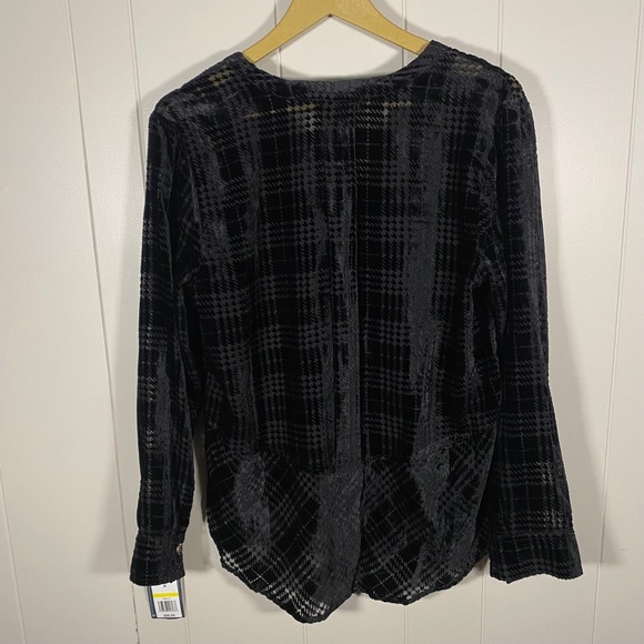 NWT Democracy Black Velvet Houndstooth Burnout Sheer‎ Button Up Shirt M Goth - Picture 7 of 16